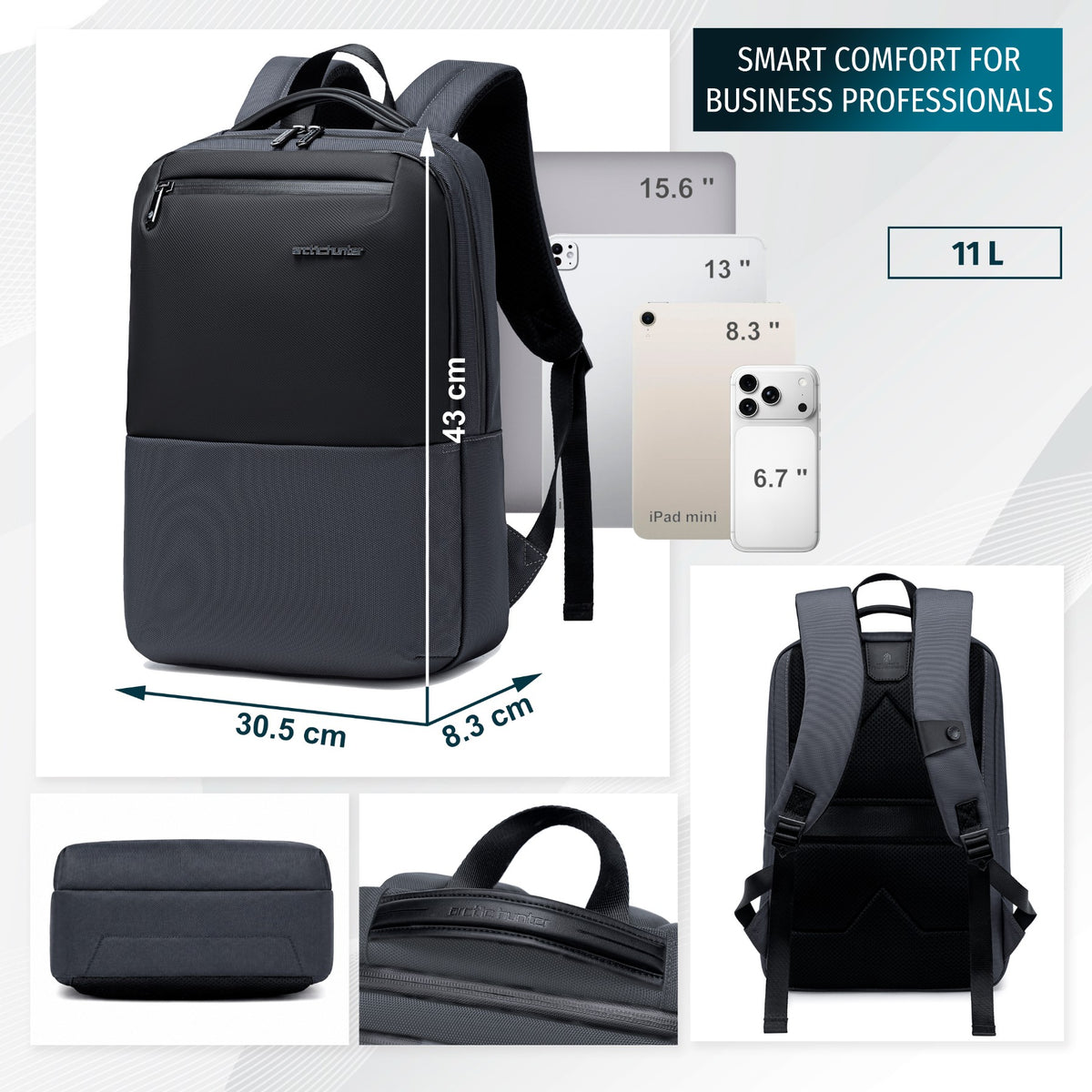 Smart Urban Backpack Arctic Hunter | Laptop 15.6" | Water-Resistant – Grey