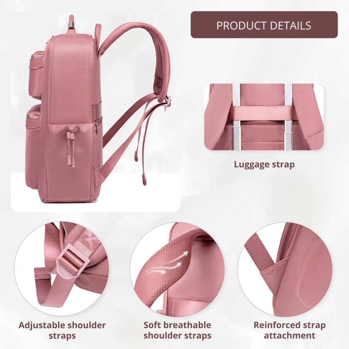 Chantria Women's Organizer Backpack | 2 Compartments, 15 Pockets | Fits 15.6" Laptop, iPad, A4 | Luggage Strap – Antique Rose