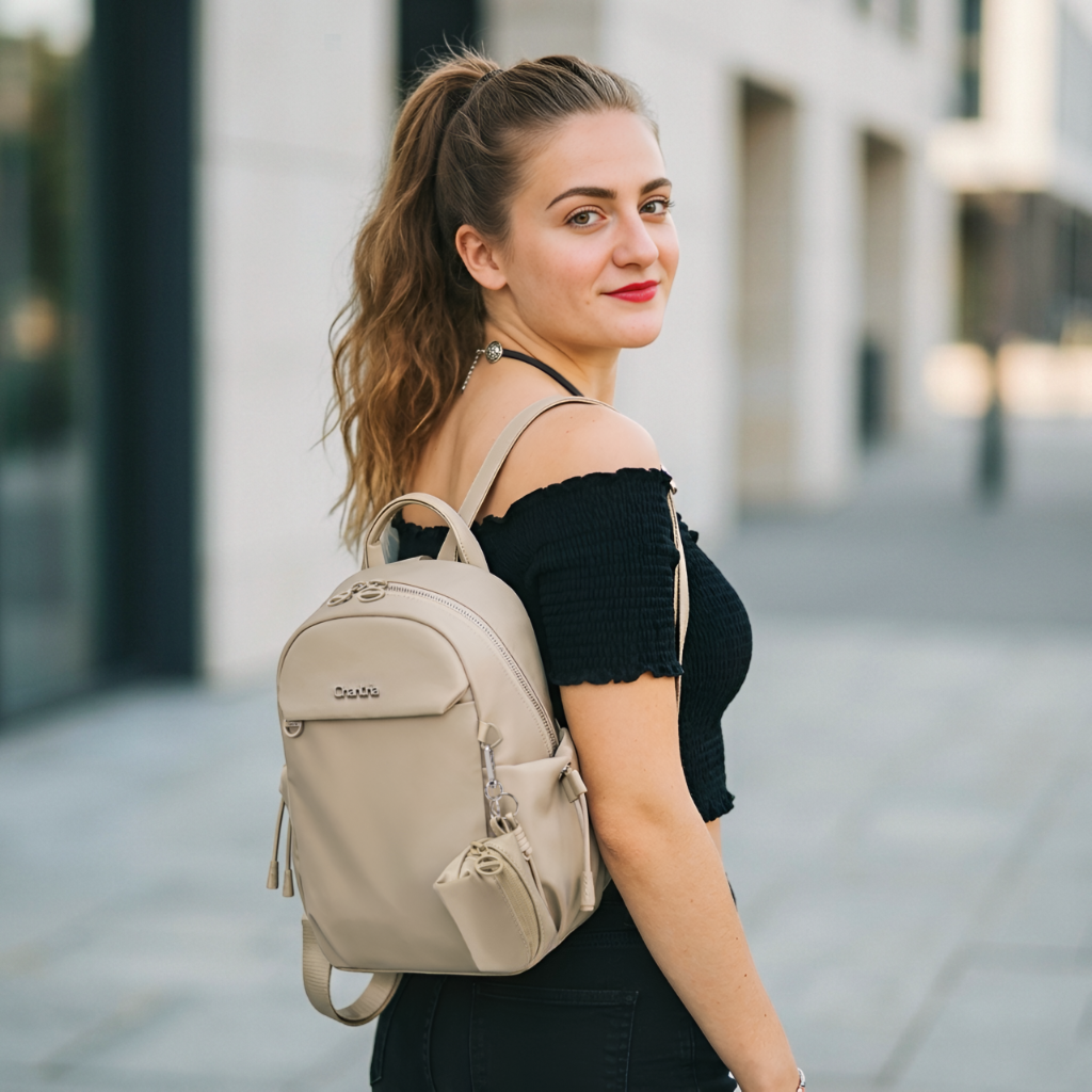 Women's Mini City Backpack Chantria Small & Lightweight | For Going Out & Walks | Fits iPad Phone & Cosmetics | With Keychain Pouch – Beige