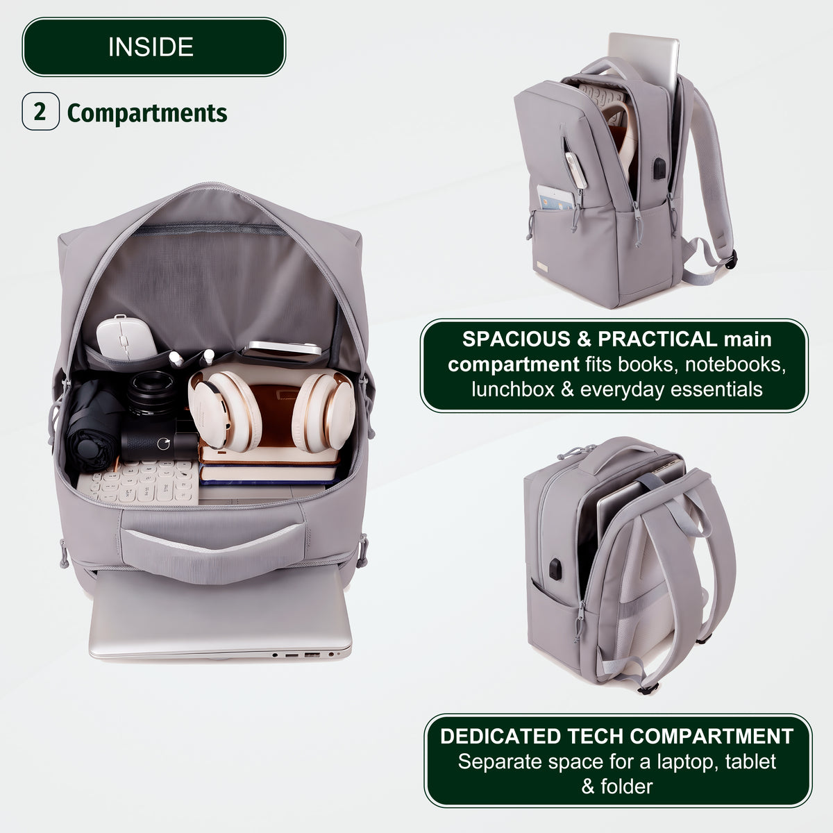 Youth School & College Backpack VIO | Fits 15.6 Laptop A4 | Built-In USB Port | Ryanair & Wizz Air Carry-On For Campus, University & Travel | Water-Resistant – Light Grey