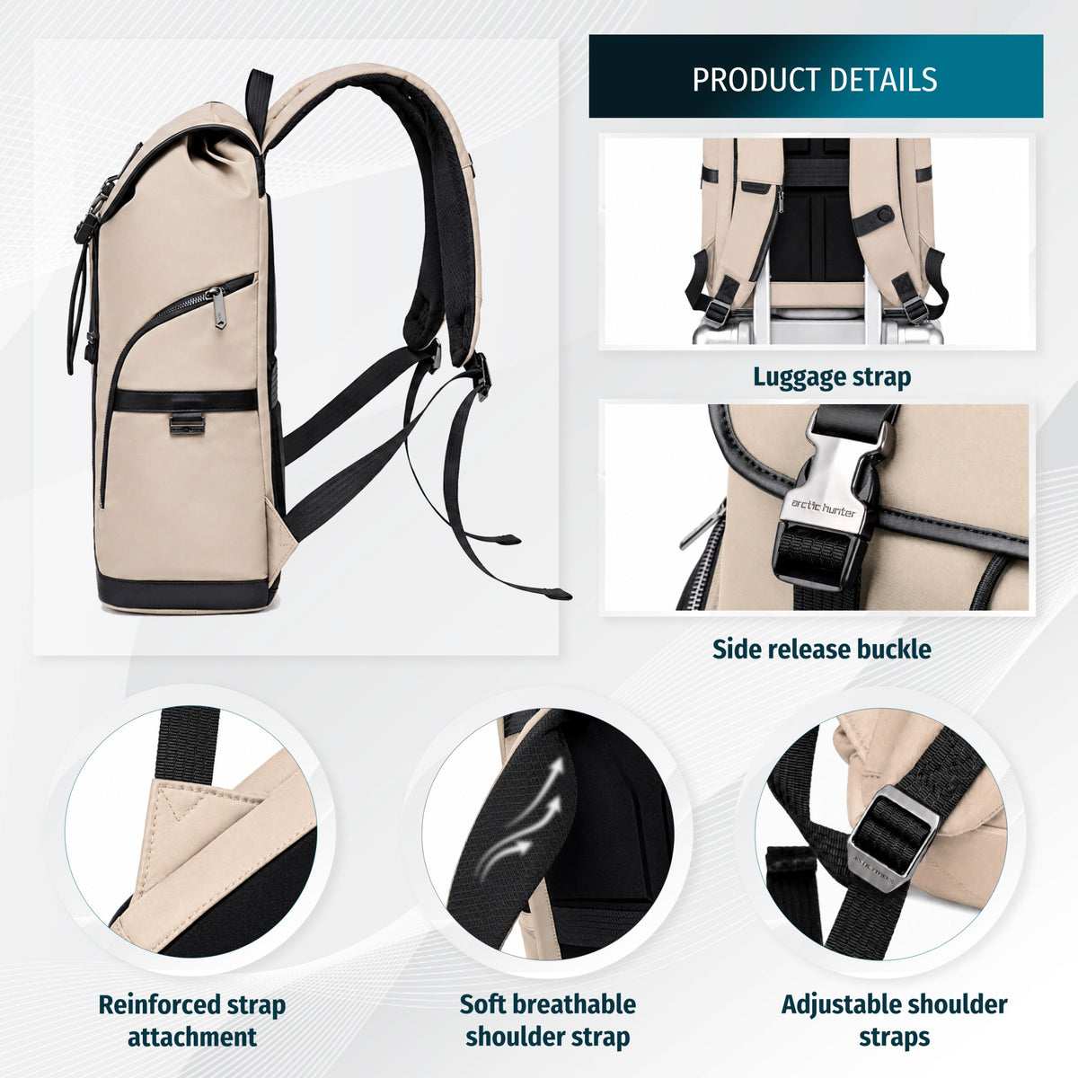 Plecak męski z klapą na klamry | Laptop 15.6" | Pasek na walizkę | Organizer 8 kieszeni – Beżowy