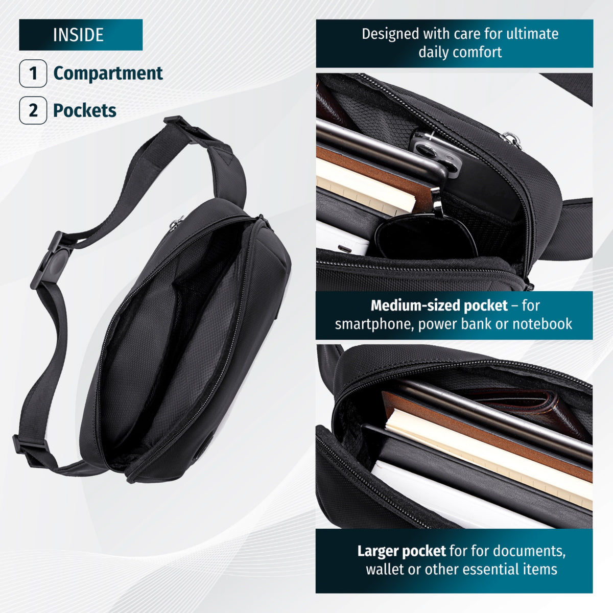Crossbody Sling Waist Bag Arctic Hunter | Phone & Documents | Sport & Cycling Style – Black