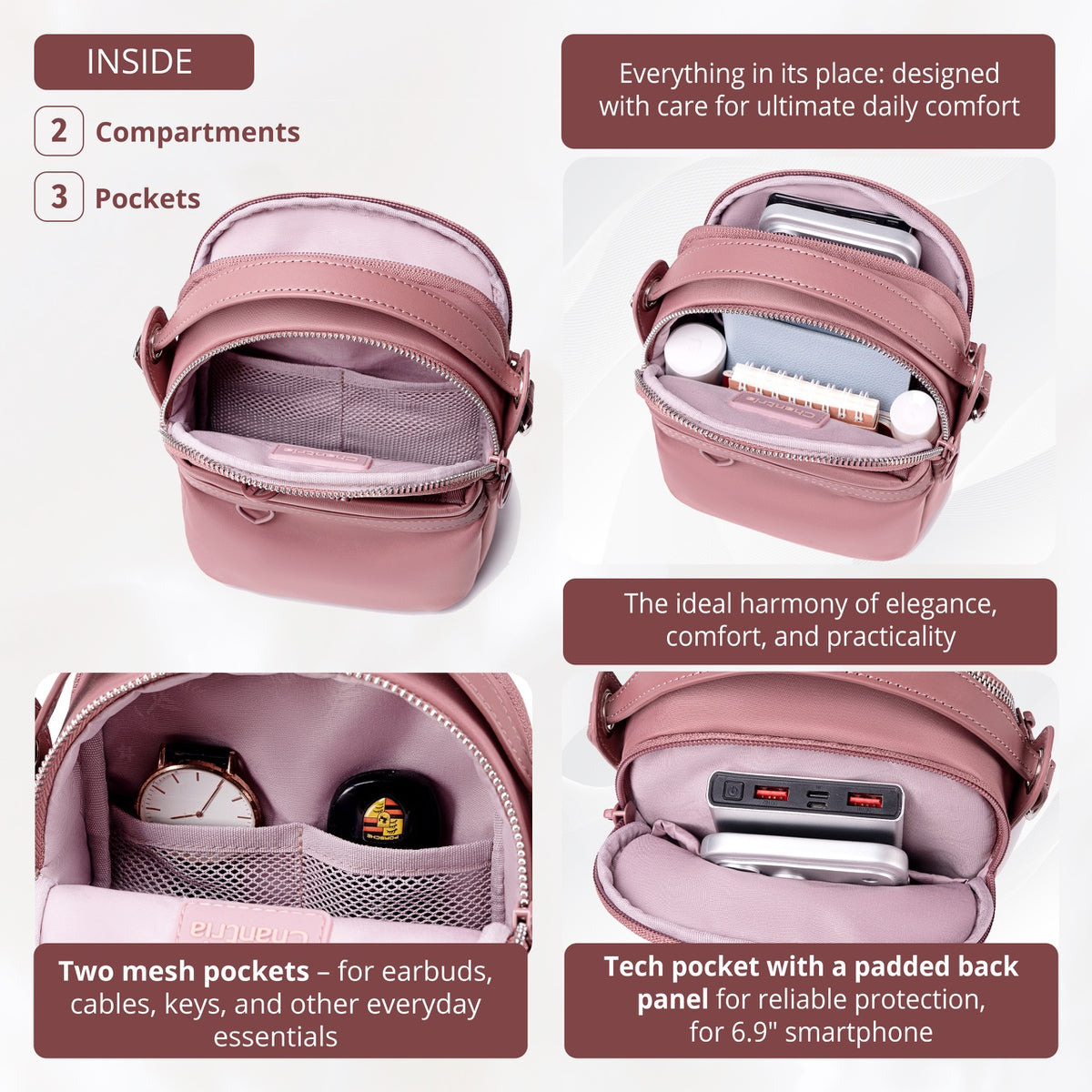 Torebka damska przez ramię crossbody Chantria | Na telefon, dokumenty i niezbędne drobiazgi | Wodoodporny nylon – Antyczna roza