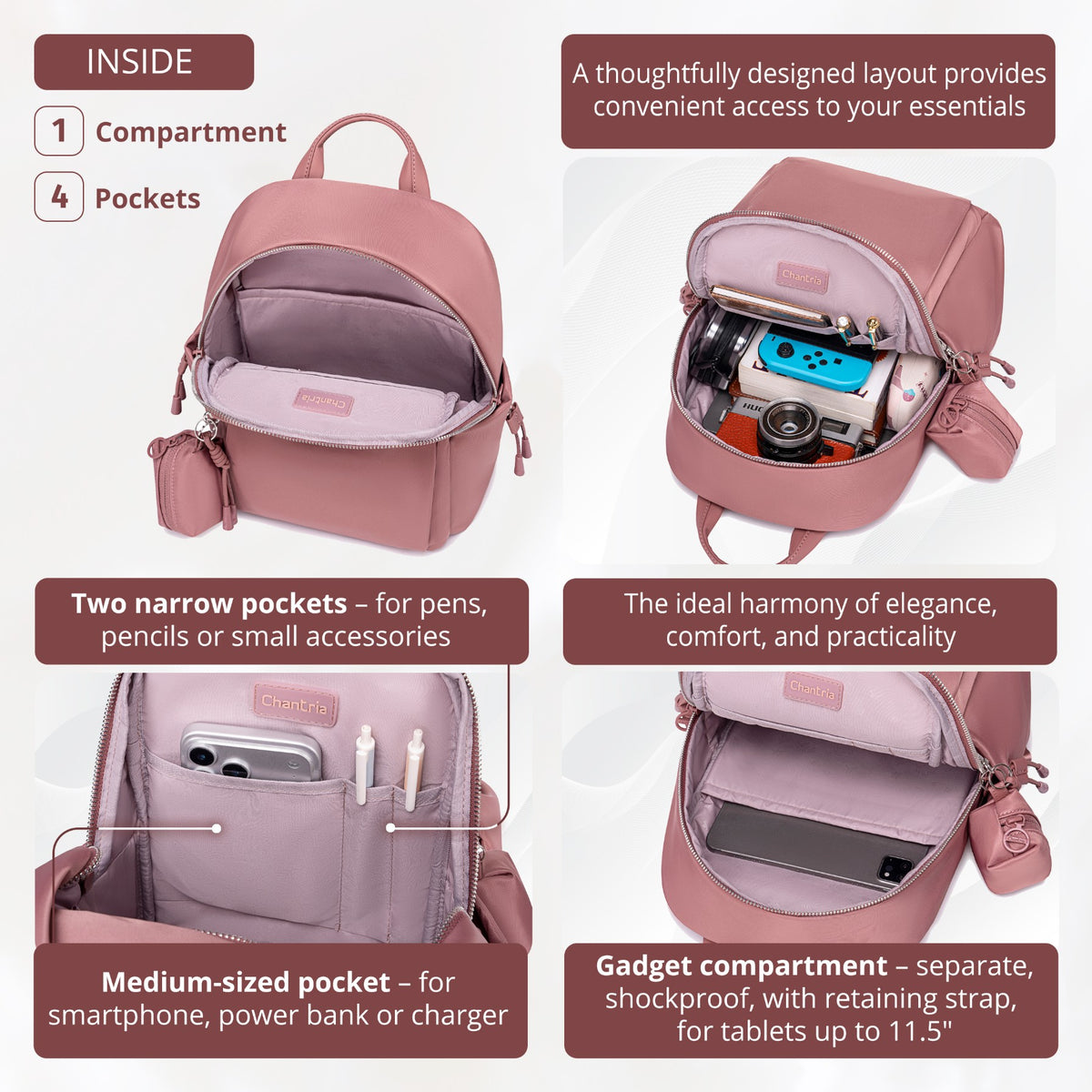 Compact Women's City Backpack Chantria Elegant | Fits iPad & Essentials | With Clip-On Earbuds Case | Smart Pockets | Luggage Strap – Antique Rose