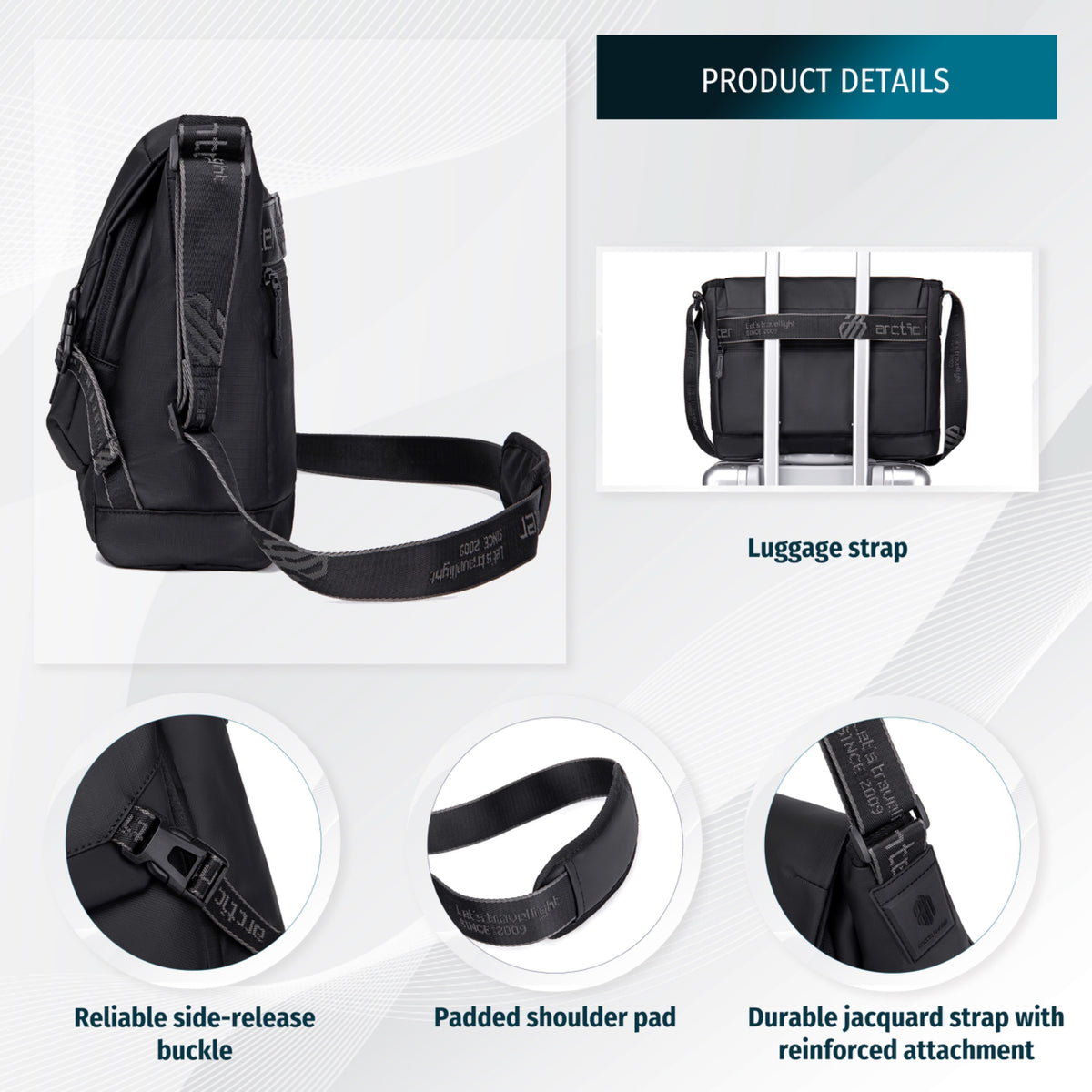 Spacious Crossbody Messenger Bag Arctic Hunter | 12" Tablet  A4 | Sport & Everyday Casual – Black