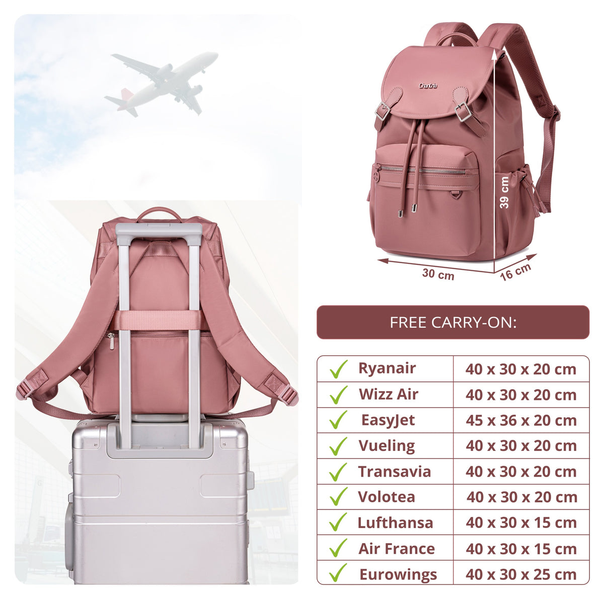 Plecak z klapą damski Chantria | 18L, 10 kieszeni | Laptop 15.6", iPad, A4 | Bezpłatny bagaż Ryanair, Wizz Air – Antyczny róż
