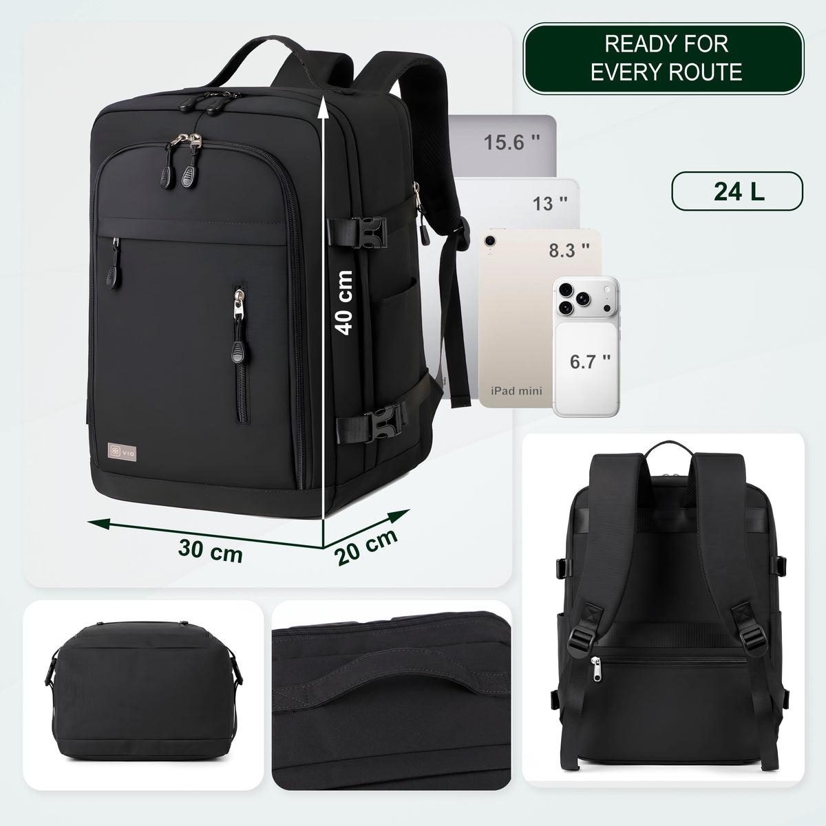 Cabin Travel Backpack | 40x30x20 Ryanair WizzAir | Expandable | Free Carry-On – Black