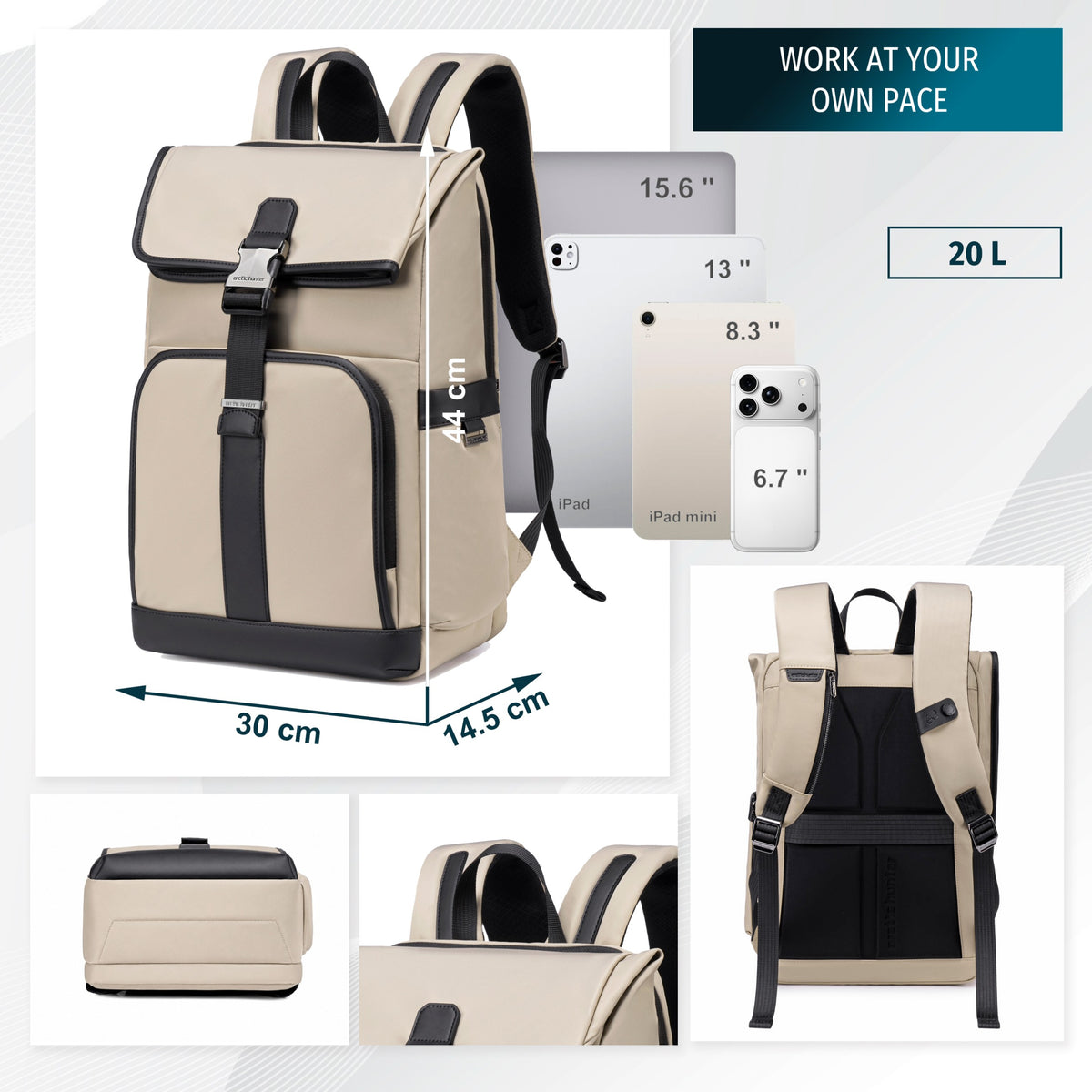 Nowoczesny plecak męski z klapą | Laptop 15.6" | Pasek na walizkę | Wiele kieszeni organizer – Beżowy