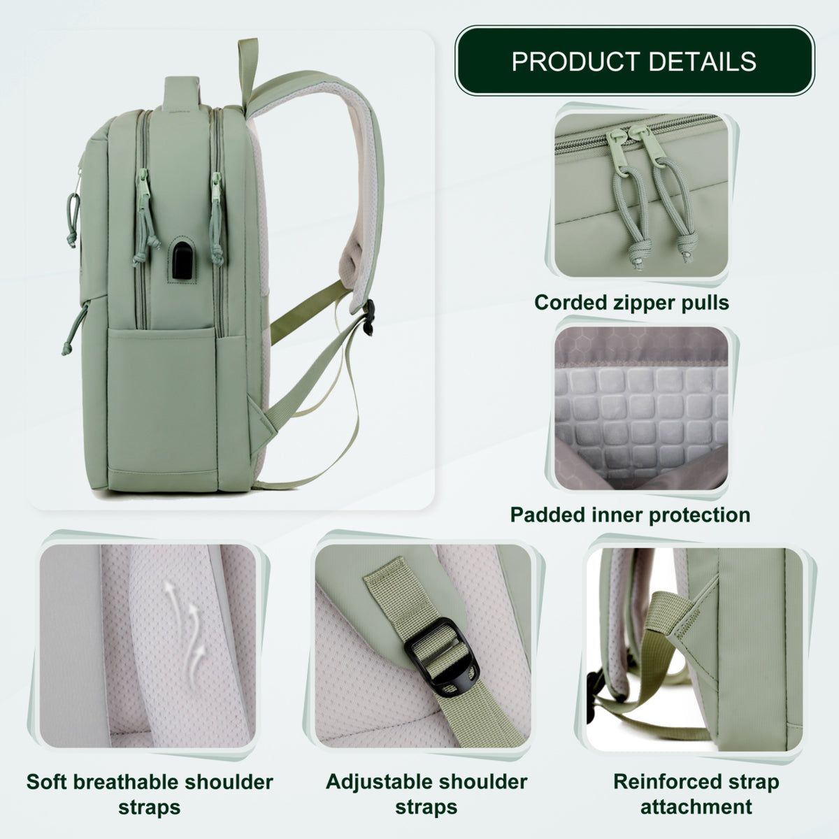 Youth School & College Backpack VIO | Fits 15.6 Laptop A4 | Built-In USB Port | Ryanair & Wizz Air Carry-On For Campus, University & Travel | Water-Resistant – Green