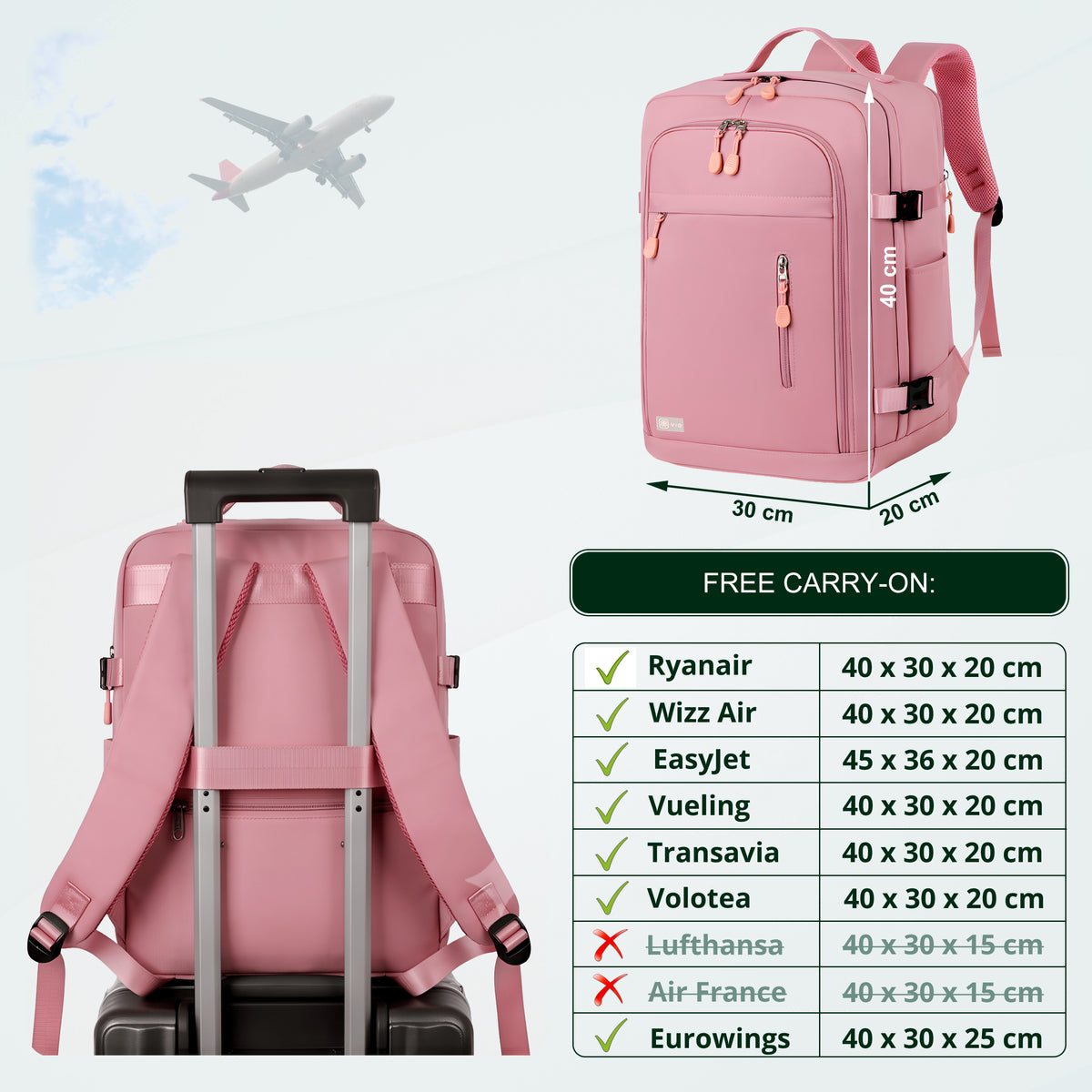 Cabin Travel Backpack | 40x30x20 Ryanair WizzAir | Expandable | Free Carry-On – Pink