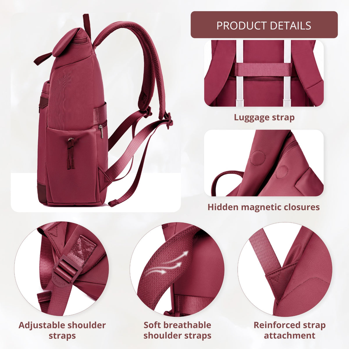Plecak rolltop damski Chantria | 12 kieszeni | Laptop 15.6", iPad, A4 | Pas na walizkę – Malinowy