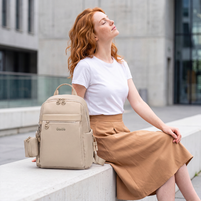 Compact Women's City Backpack Chantria Elegant | Fits iPad & Essentials | With Clip-On Earbuds Case | Smart Pockets | Luggage Strap – Beige