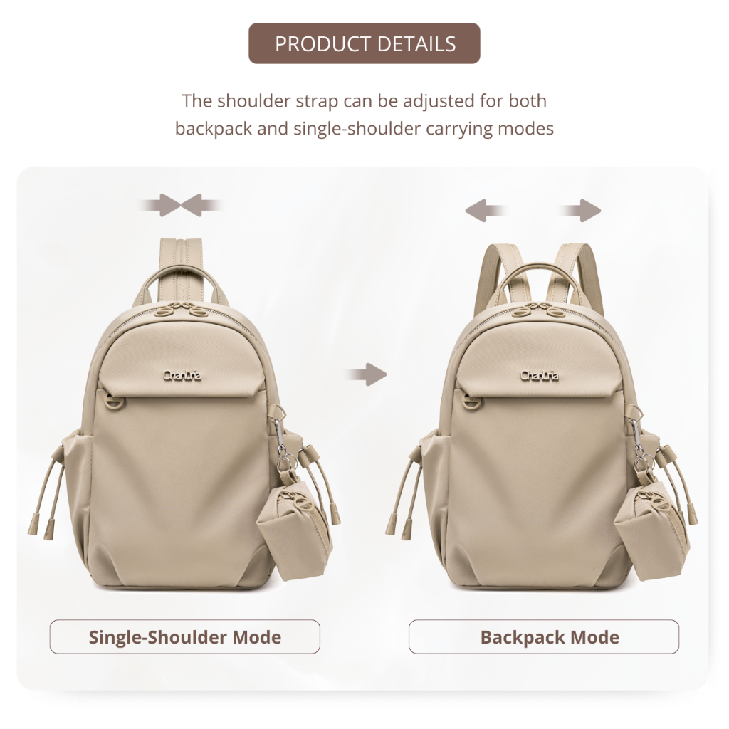 Women's Mini City Backpack Chantria Small & Lightweight | For Going Out & Walks | Fits iPad Phone & Cosmetics | With Keychain Pouch – Beige