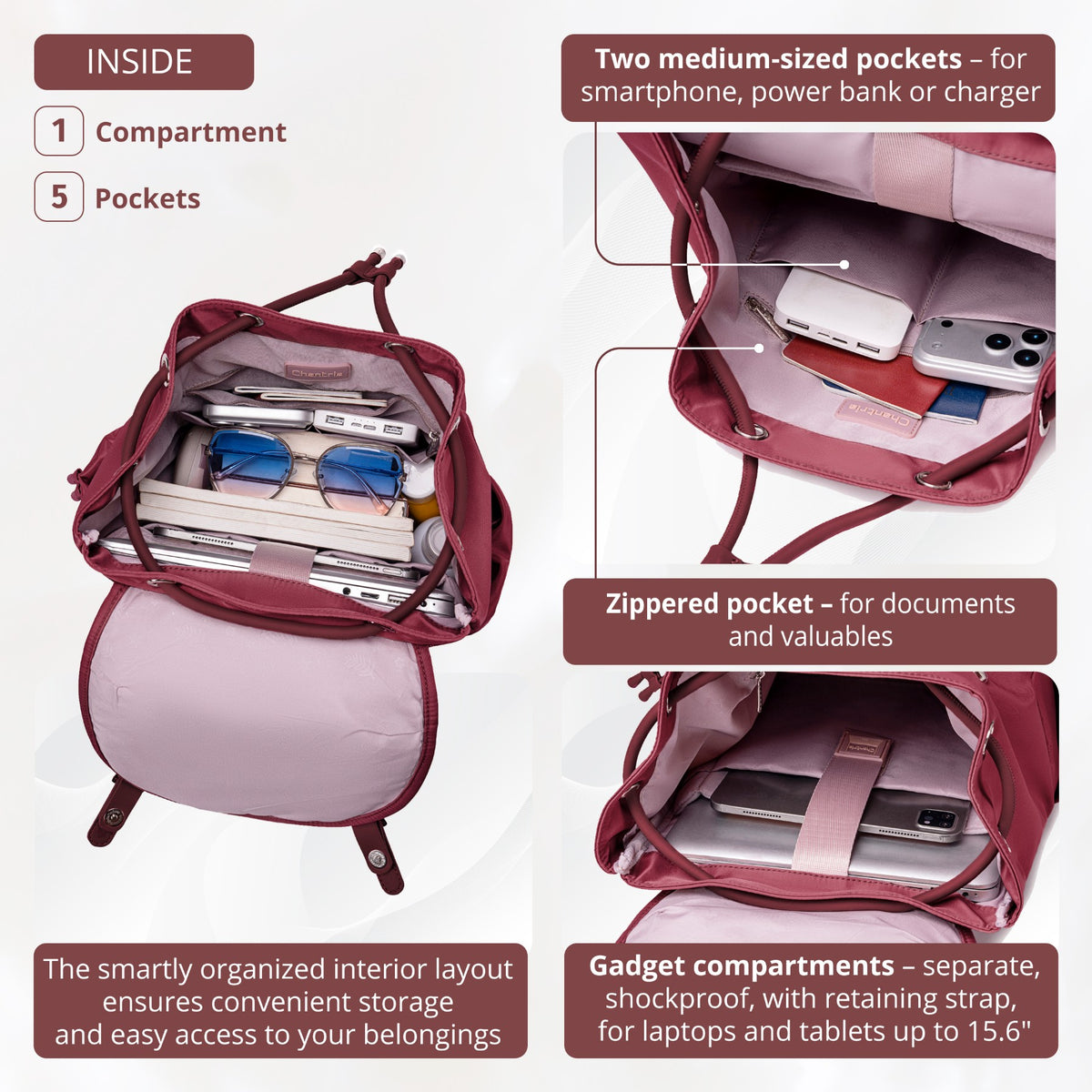 Plecak z klapą damski Chantria | 18L, 10 kieszeni | Laptop 15.6", iPad, A4 | Bezpłatny bagaż Ryanair, Wizz Air – Malinowy