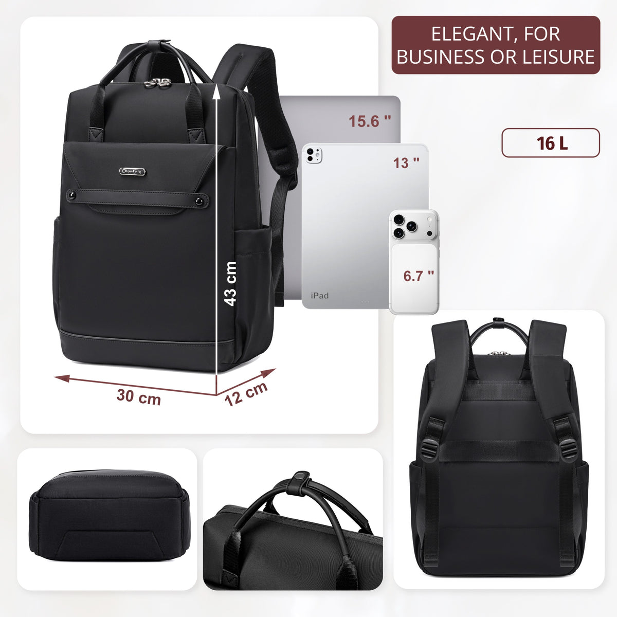 Plecak damski torba Chantria elegancki | Na laptopa 15.6 A4 | Do biura i stylizacji biznesowych | Wodoodporny – Czarny