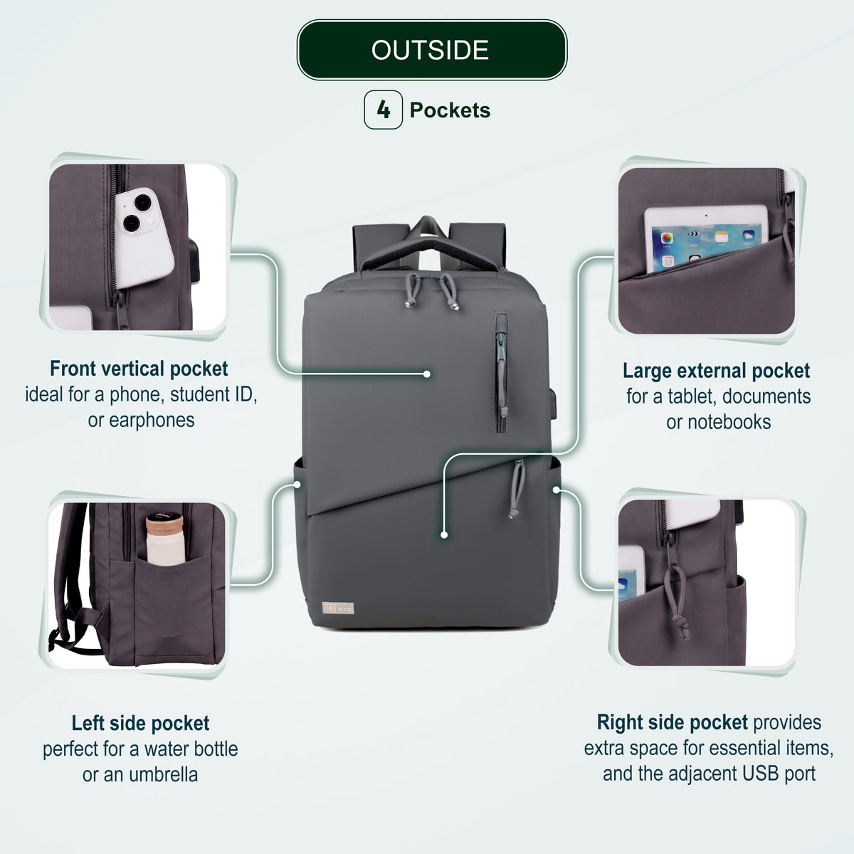 Youth School & College Backpack VIO | Fits 15.6 Laptop A4 | Built-In USB Port | Ryanair & Wizz Air Carry-On For Campus, University & Travel | Water-Resistant – Grey