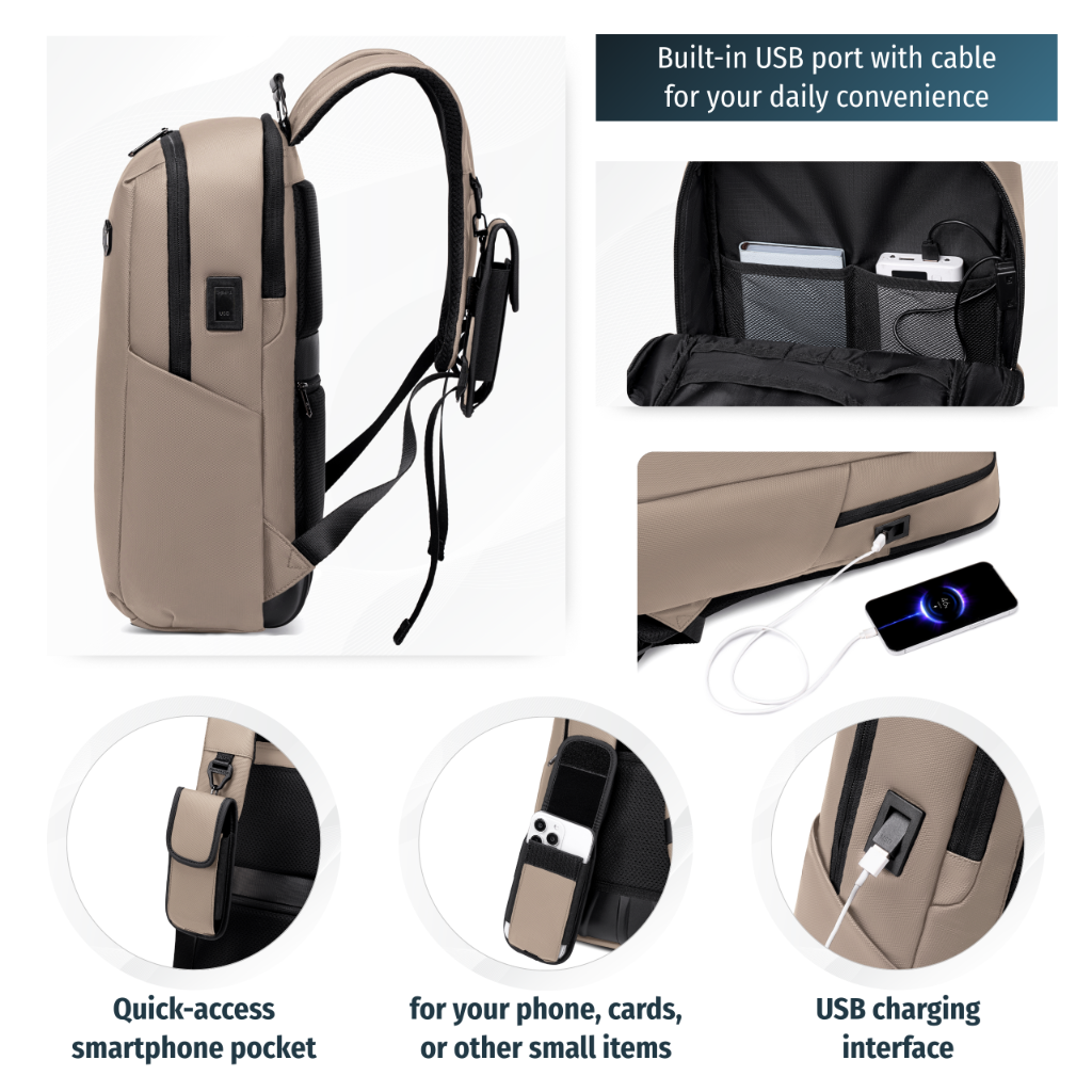 Smart City Work Travel Backpack | Laptop Storage 15,6"| USB Port – Beige