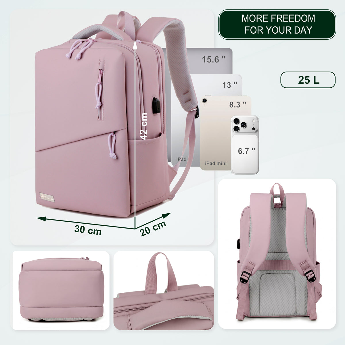 Youth School & College Backpack VIO | Fits 15.6 Laptop A4 | Built-In USB Port | Ryanair & Wizz Air Carry-On For Campus, University & Travel | Water-Resistant – Lilac