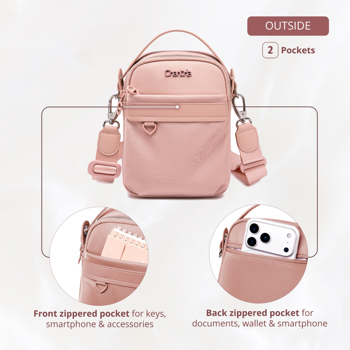 Torebka damska przez ramię crossbody Chantria | Na telefon, dokumenty i niezbędne drobiazgi | Wodoodporny nylon – Pudrowy róż