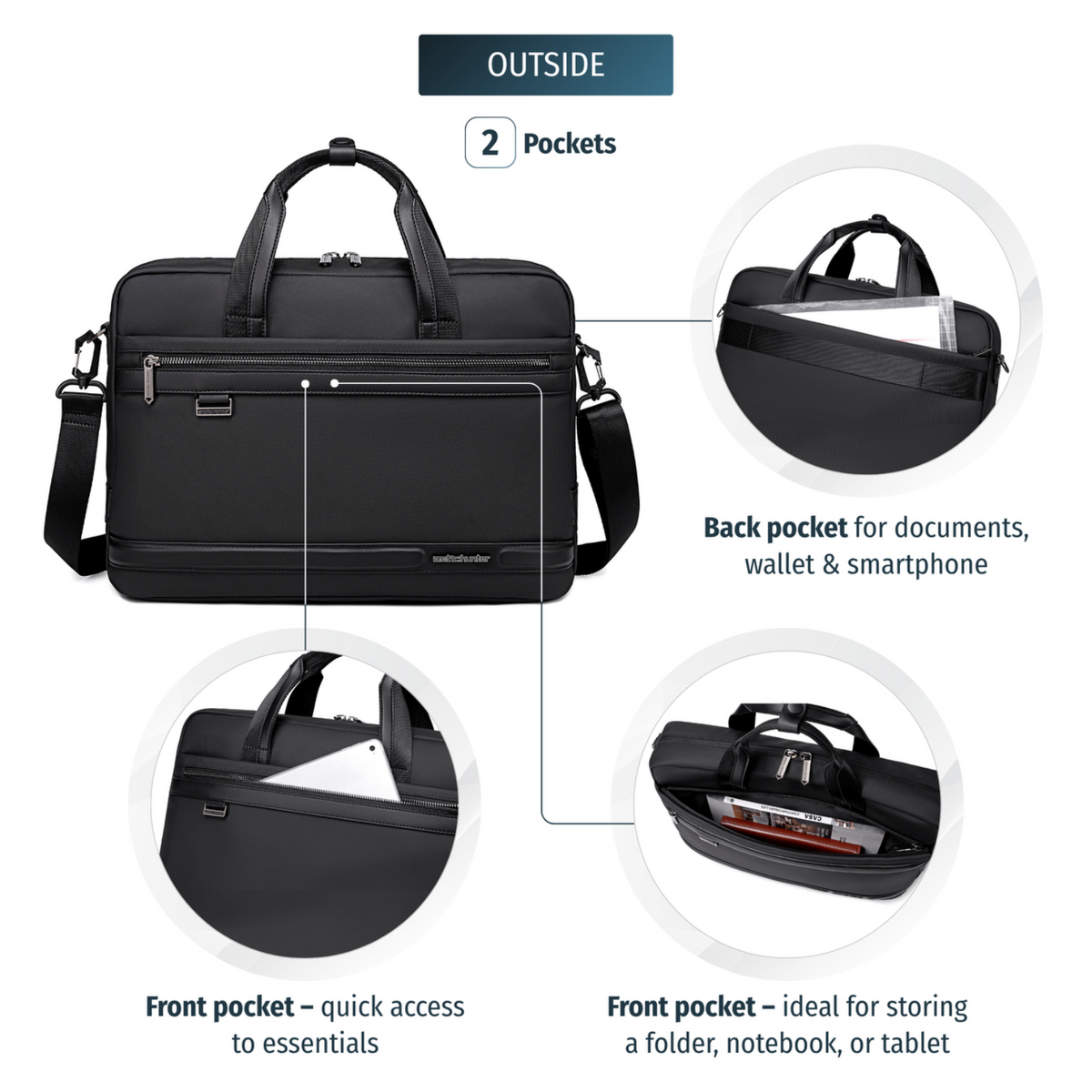 15.6" Laptop Shoulder Bag | Luggage Strap | Water-Resistant | Business Briefcase - Black
