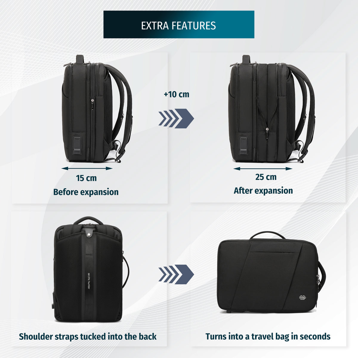 Plecak do samolotu bagaż podręczny Arctic Hunter | Rozszerzany +9cm | Port USB | Laptop 15.6" | Komora 180° – Czarny