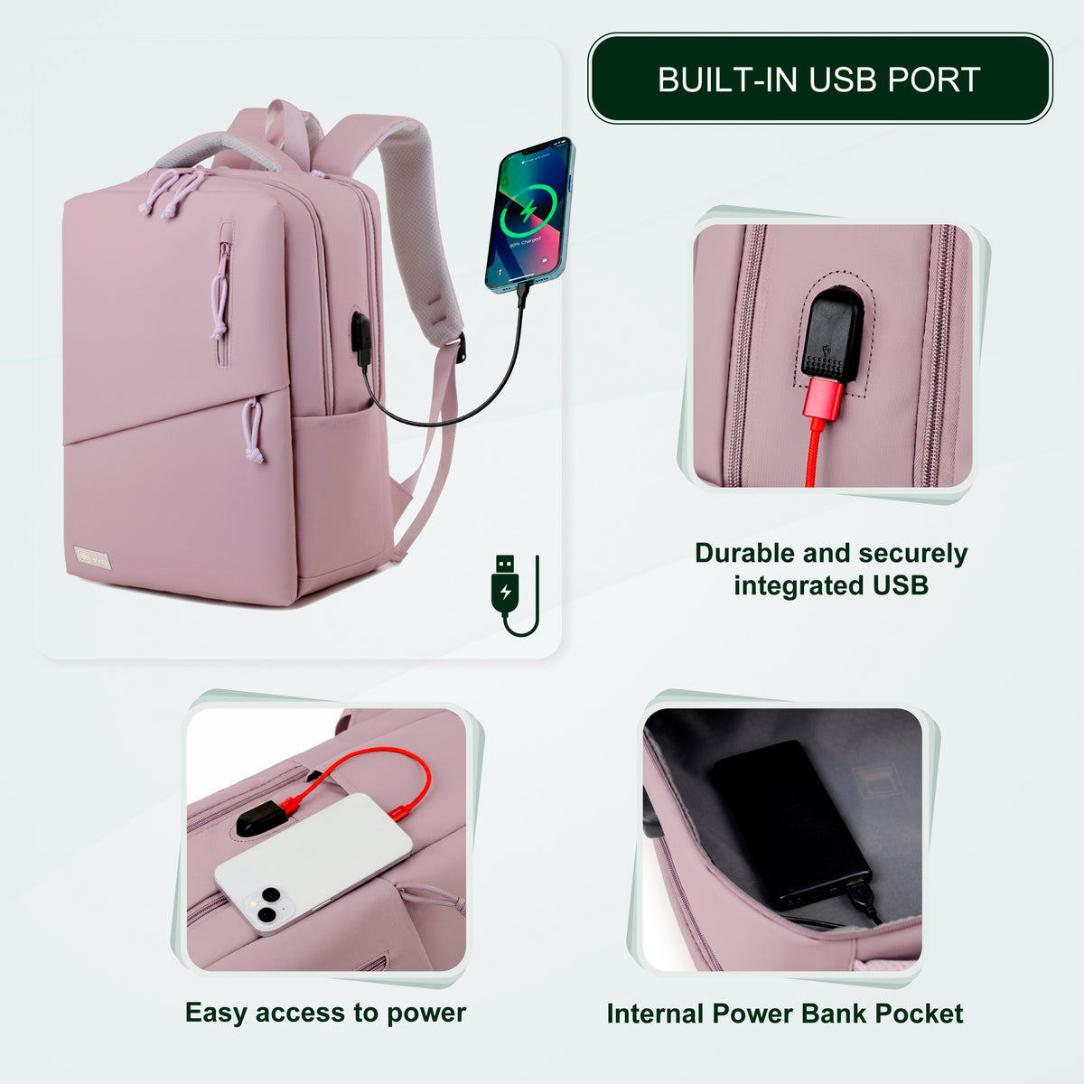 Youth School & College Backpack VIO | Fits 15.6 Laptop A4 | Built-In USB Port | Ryanair & Wizz Air Carry-On For Campus, University & Travel | Water-Resistant – Lilac