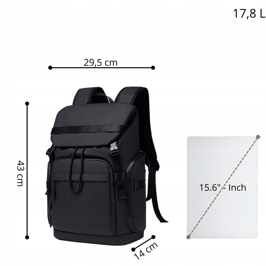 Czarny plecak miejski młodzieżowy, wodoodporny, na laptopa 15,6", 17 l, z wieloma kieszeniami. SUPER FIVE FB723 Black.