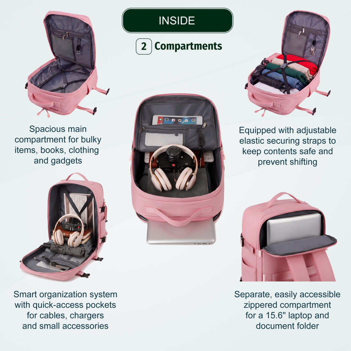 Cabin Travel Backpack | 40x30x20 Ryanair WizzAir | Expandable | Free Carry-On – Pink