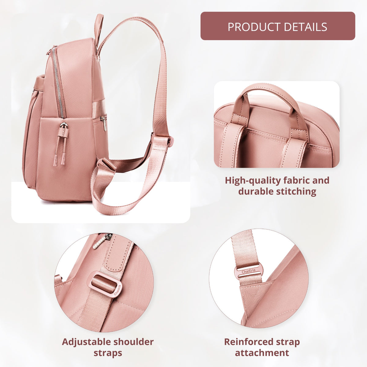 Compact Women's City Backpack Chantria Elegant | Fits iPad & Essentials | With Clip-On Earbuds Case | Smart Pockets | Luggage Strap – Powder Pink