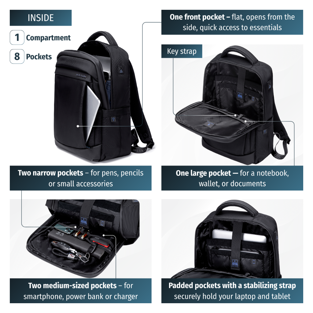 Men's Work & Study Backpack Arctic Hunter | 15.6" Laptop | Water Resistant – Black