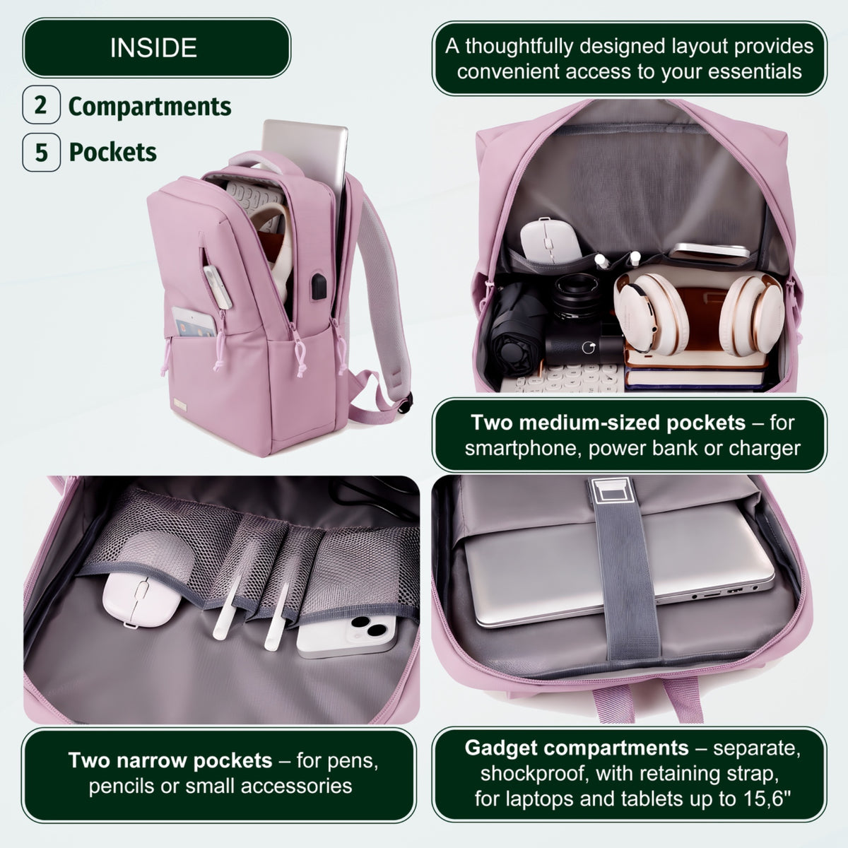 Youth School & College Backpack VIO | Fits 15.6 Laptop A4 | Built-In USB Port | Ryanair & Wizz Air Carry-On For Campus, University & Travel | Water-Resistant – Lilac