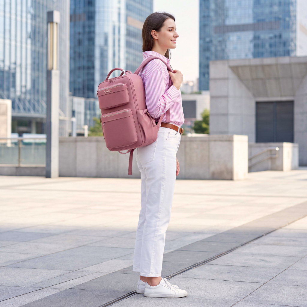 Chantria Women's Organizer Backpack | 2 Compartments, 15 Pockets | Fits 15.6" Laptop, iPad, A4 | Luggage Strap – Antique Rose