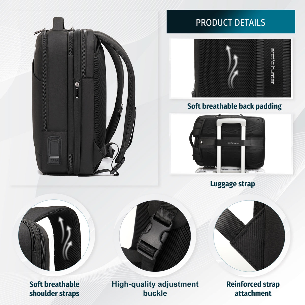 Plecak do samolotu bagaż podręczny Arctic Hunter | Rozszerzany +9cm | Port USB | Laptop 15.6" | Komora 180° – Czarny