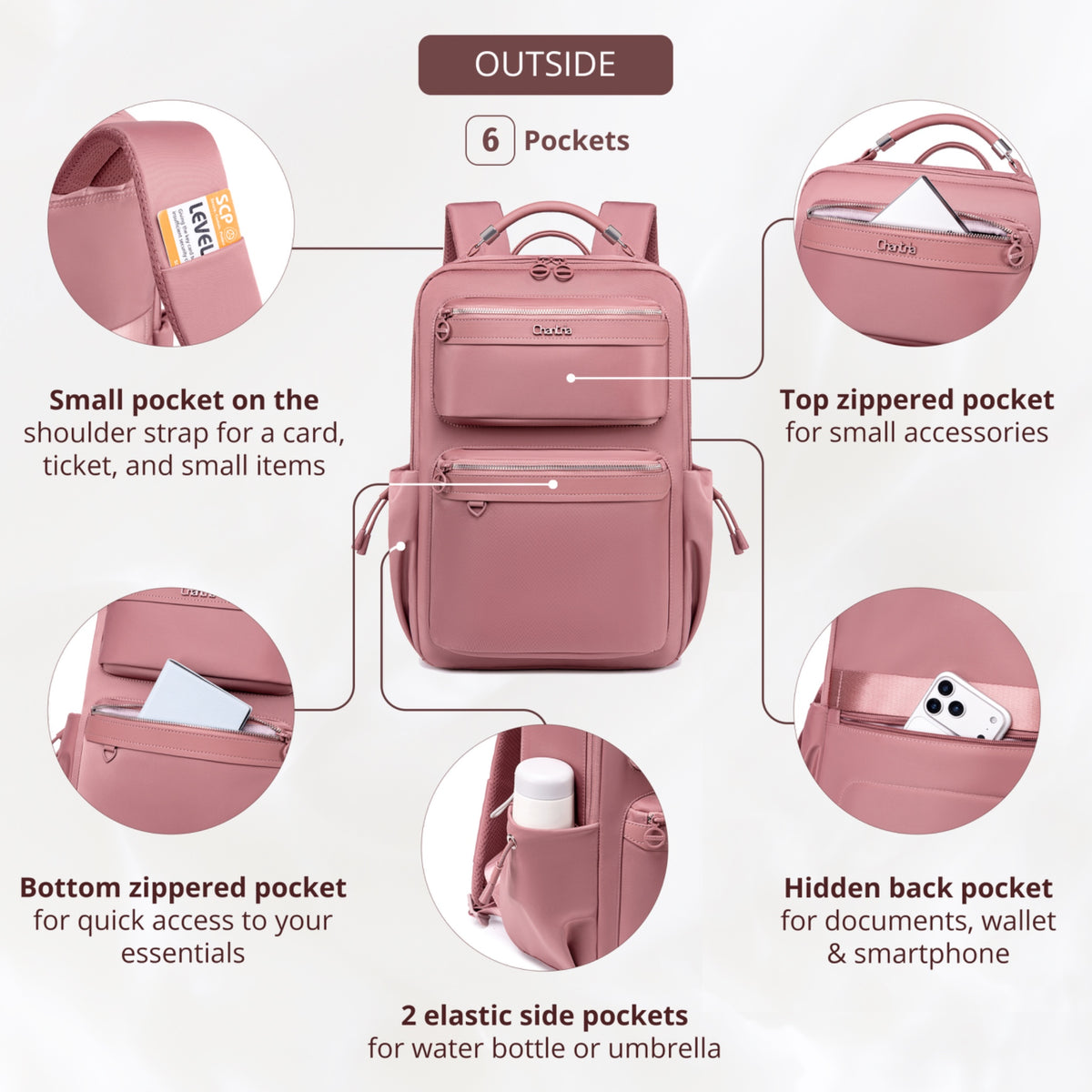 Chantria Women's Organizer Backpack | 2 Compartments, 15 Pockets | Fits 15.6" Laptop, iPad, A4 | Luggage Strap – Antique Rose