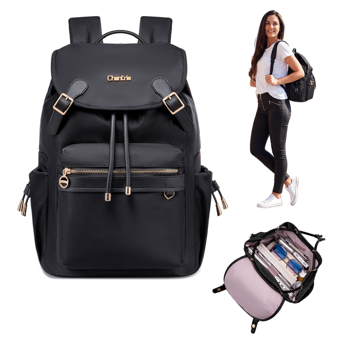 Plecak z klapą damski Chantria | 18L, 10 kieszeni | Laptop 15.6", iPad, A4 | Bezpłatny bagaż Ryanair, Wizz Air – Czarny