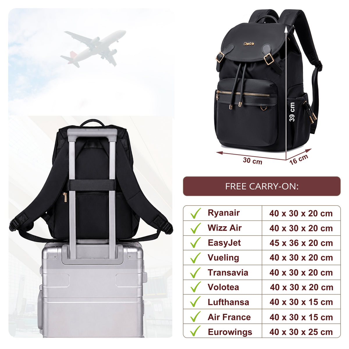 Plecak z klapą damski Chantria | 18L, 10 kieszeni | Laptop 15.6", iPad, A4 | Bezpłatny bagaż Ryanair, Wizz Air – Czarny