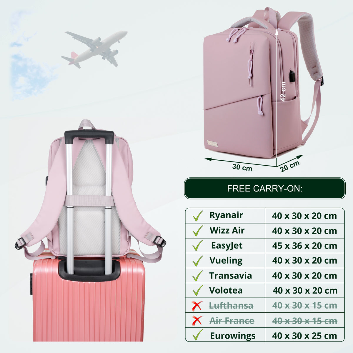 Youth School & College Backpack VIO | Fits 15.6 Laptop A4 | Built-In USB Port | Ryanair & Wizz Air Carry-On For Campus, University & Travel | Water-Resistant – Lilac