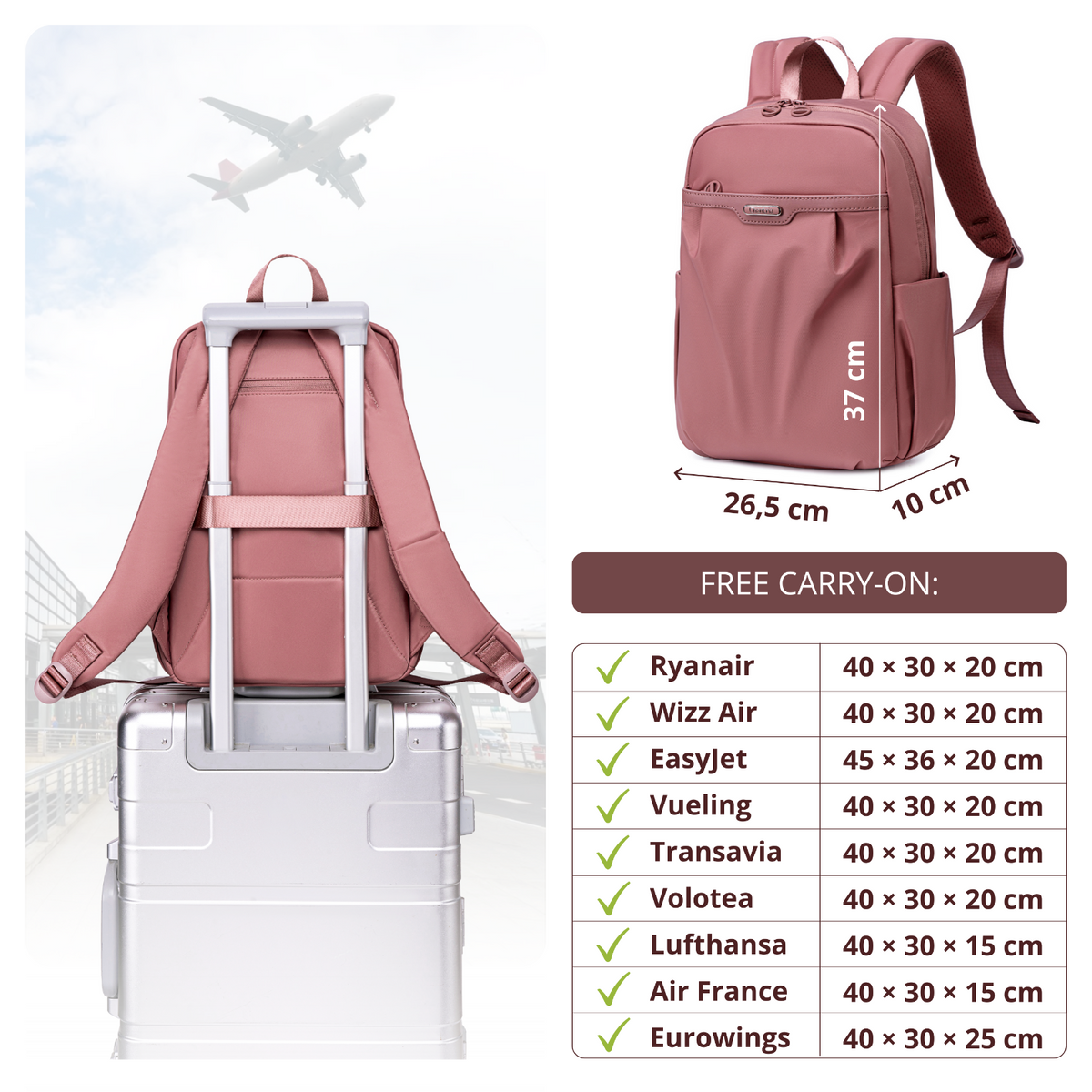 Women's Elegant City Backpack Chantria | Lightweight Water-Resistant | Fits MacBook iPad – Antique Rose
