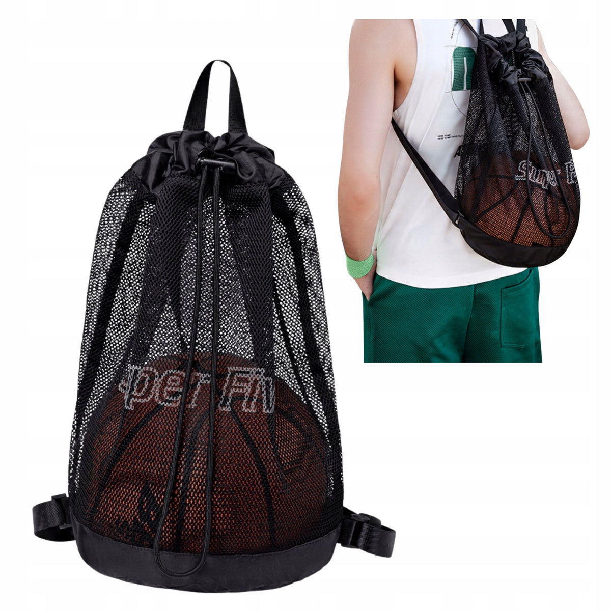 Czarny plecak siatkowy na piłki nożne, koszykowe i siatkowe, 26 l, idealny na treningi i mecze. SUPER FIVE FB760 Black.