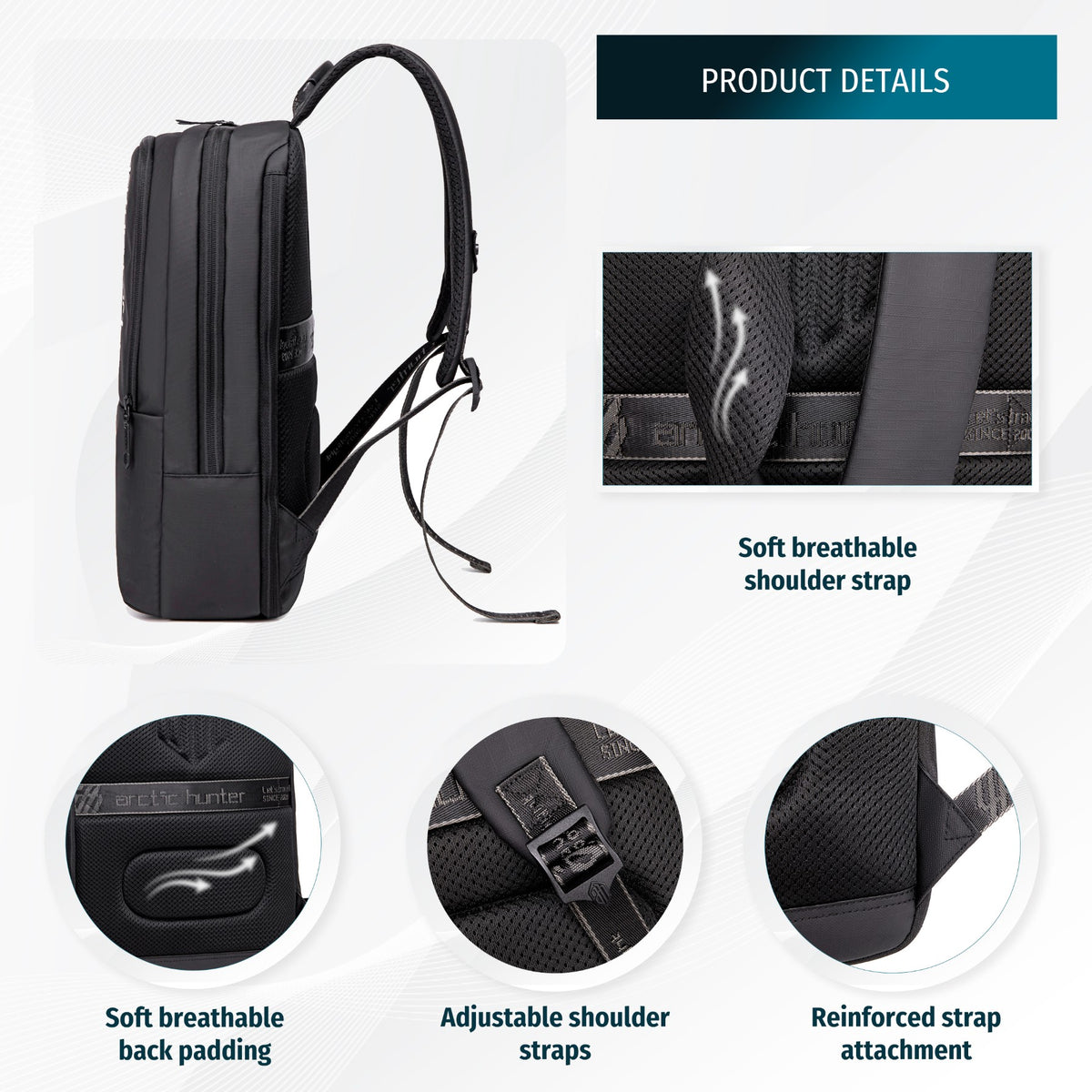 Expandable Laptop Backpack 15.6" Arctic Hunter | Expansion Feature | Work & College – Black