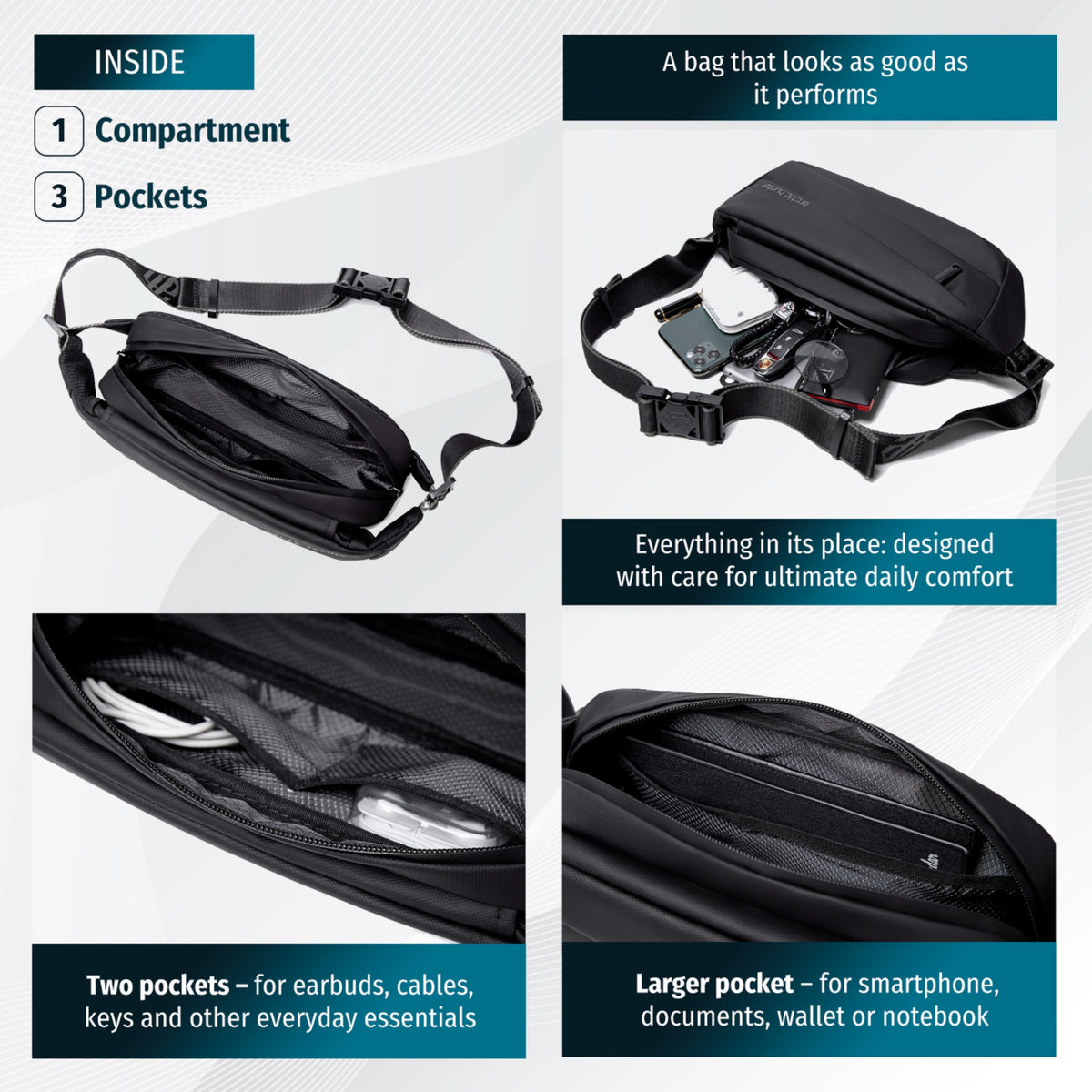 Torba saszetka na pas i ramię Arctic Hunter | 2 komory organizer | Dokumenty i smartfon – Czarna