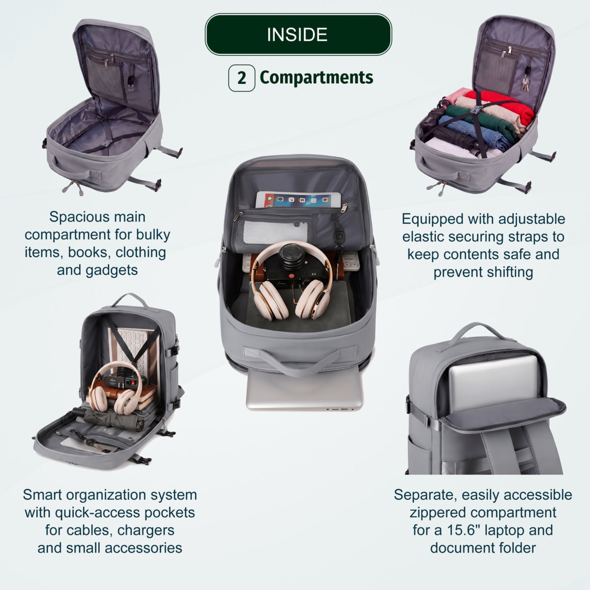 Cabin Travel Backpack | 40x30x20 Ryanair WizzAir | Expandable | Free Carry-On – Grey