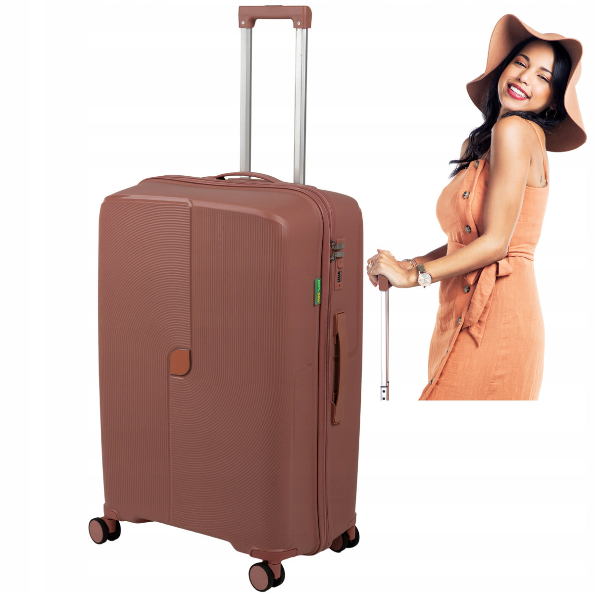 Duża walizka podróżna różowo-złota na kółkach - elegancka i pojemna walizka do samolotu Wowbag 7918 L rose gold