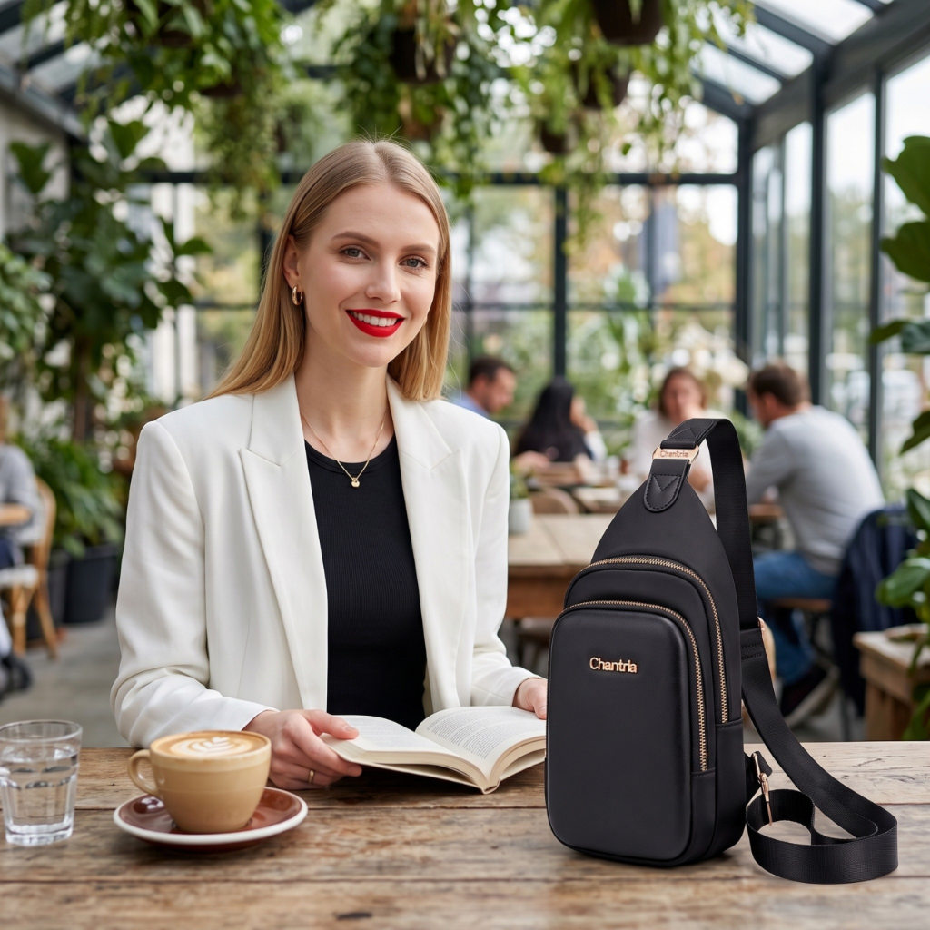Women's Sling Chest Bag Crossbody Chantria | For Phone, Documents and Essentials | Hands-Free – Black