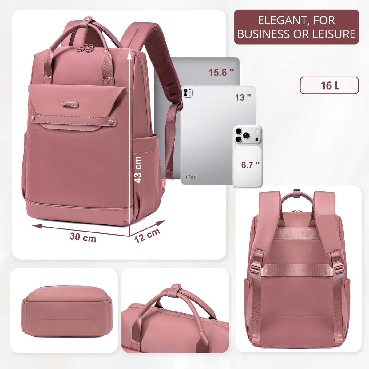 Plecak damski torba Chantria elegancki | Na laptopa 15.6 A4 | Do biura i stylizacji biznesowych | Wodoodporny – Antyczny Róż