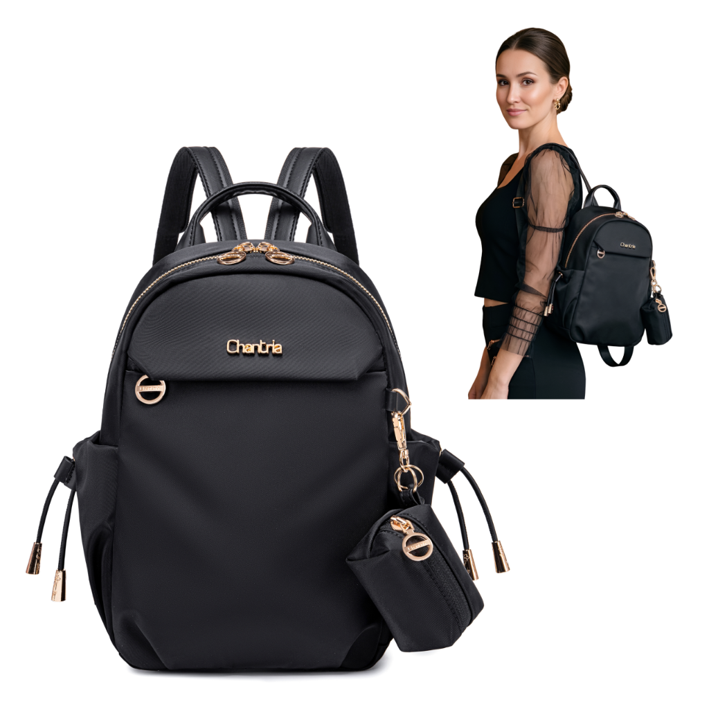 Women's Mini City Backpack Chantria Small & Lightweight | For Going Out & Walks | Fits iPad Phone & Cosmetics | With Keychain Pouch – Black