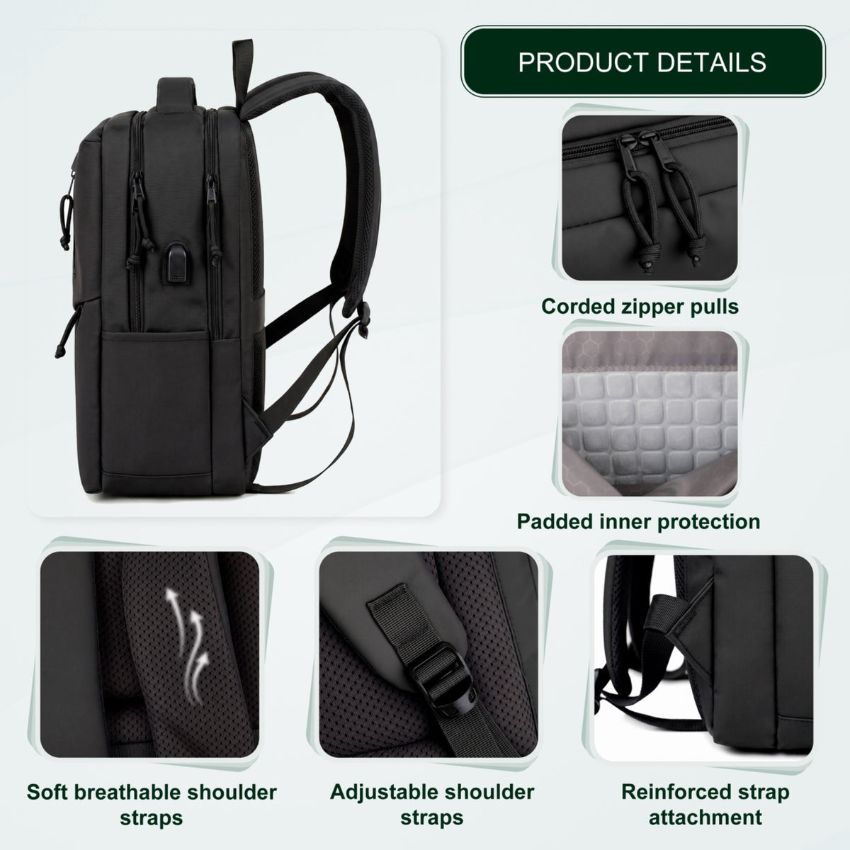 Youth School & College Backpack VIO | Fits 15.6 Laptop A4 | Built-In USB Port | Ryanair & Wizz Air Carry-On For Campus, University & Travel | Water-Resistant – Black