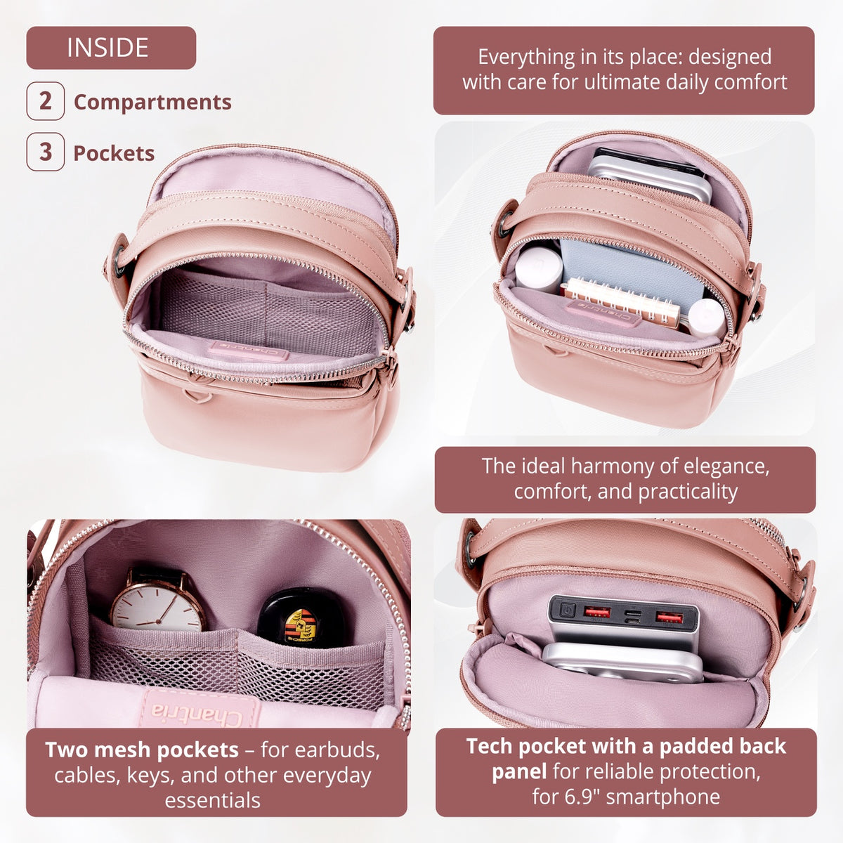 Torebka damska przez ramię crossbody Chantria | Na telefon, dokumenty i niezbędne drobiazgi | Wodoodporny nylon – Pudrowy róż