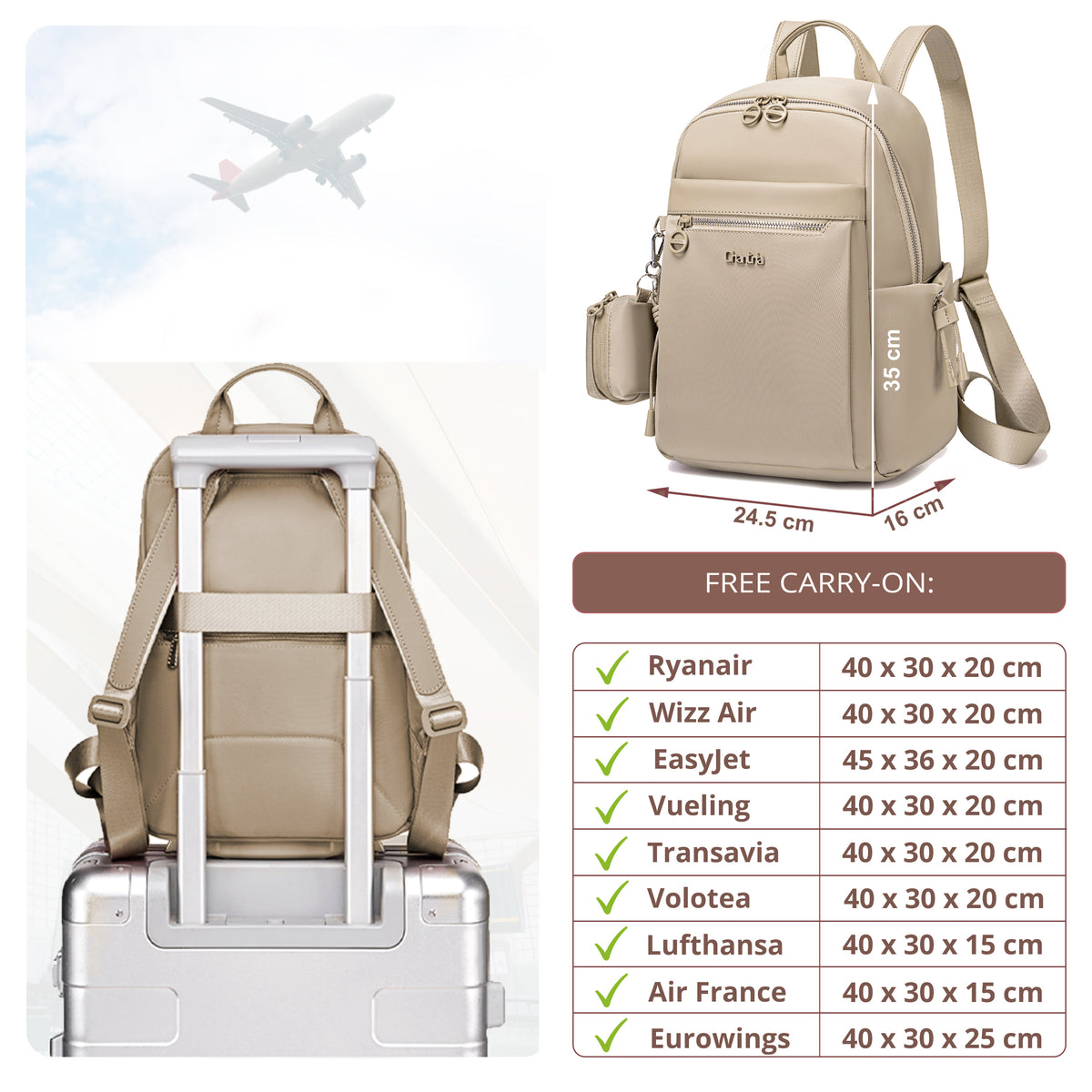 Compact Women's City Backpack Chantria Elegant | Fits iPad & Essentials | With Clip-On Earbuds Case | Smart Pockets | Luggage Strap – Beige