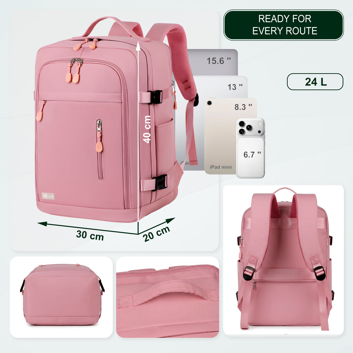Cabin Travel Backpack | 40x30x20 Ryanair WizzAir | Expandable | Free Carry-On – Pink